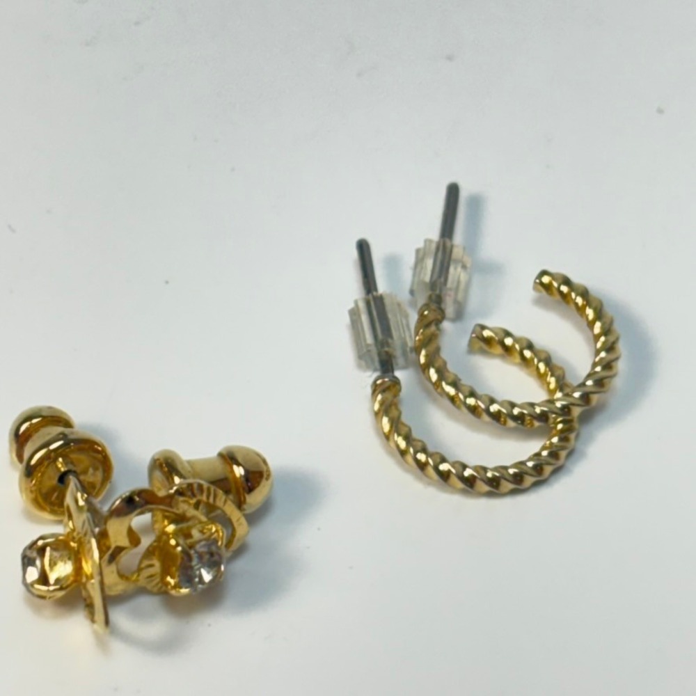 Vintage Earring Set Gold Tone Tiny Heart Rhinestone Studs Twisted Hoops Boho